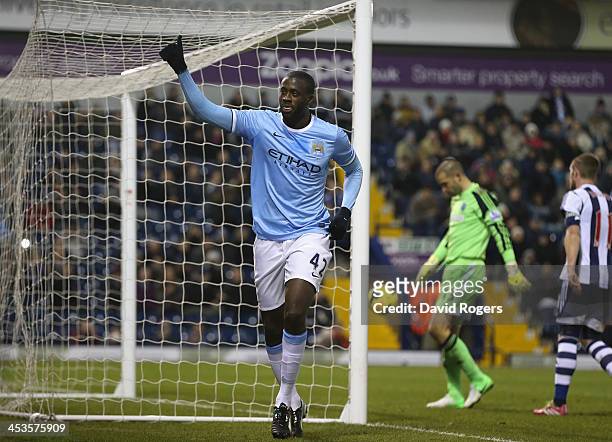 Yaya Toure of Manchester City celebrates after scoring his second goal during the Premier League match between West Bromwich Albion and Manchester...