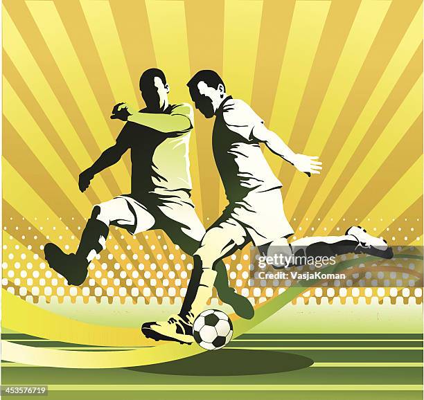 bildbanksillustrationer, clip art samt tecknat material och ikoner med attacking soccer player v defender - midfielder soccer player