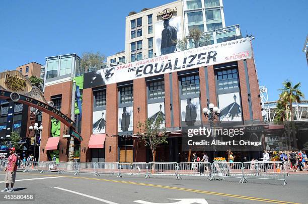 The Hard Rock Hotel adorned with signage from 'The Equalizer' on July 23, 2014 in San Diego, California.