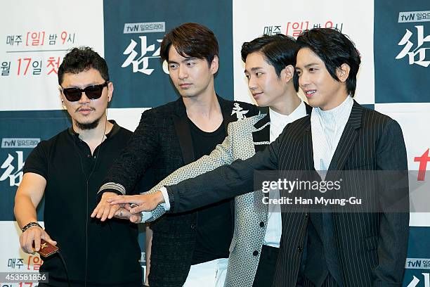 Actors Yang Dong-Kun, Lee Jin-Uk, Jung Hae-In and Jung Yong-Hwa of South Korean boy band CNBLUE attend the press conference for "Three Musketeers" at...