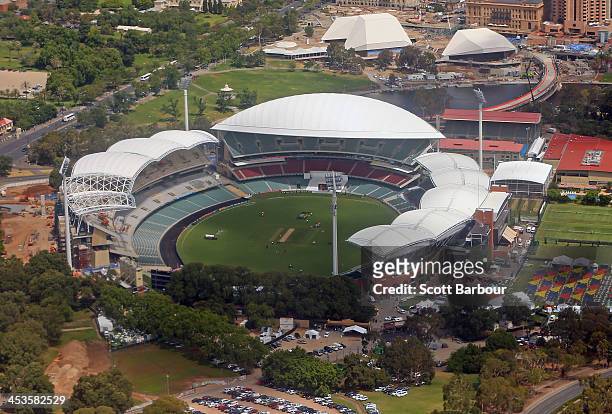 An aerial view of the Adelaide Oval and the new Riverbank Stand before day one of the Second Ashes Test Match between Australia and England at...