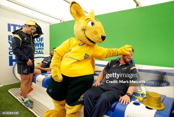 The Wallabies mascot jokes with Paddy Ryan during the Bledisloe Cup Fan Day at Fleet Park, Circular Quay on August 14, 2014 in Sydney, Australia.