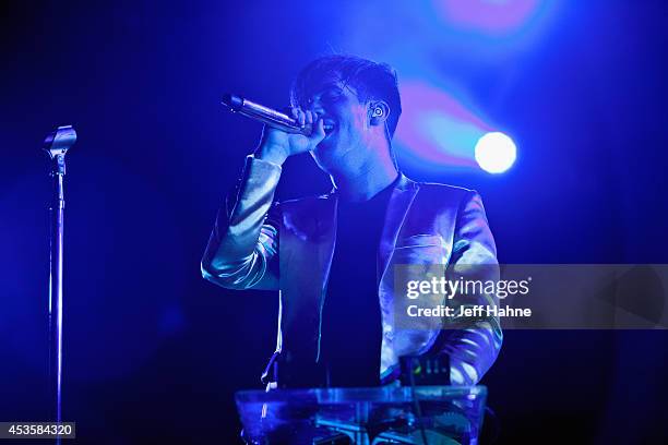 Panic at the Disco singer Brendon Urie performs in concert at the Uptown Amphitheatre on August 13, 2014 in Charlotte, North Carolina.