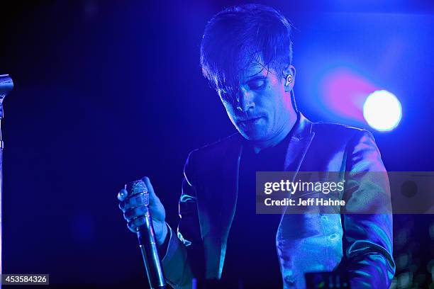 Panic at the Disco singer Brendon Urie performs in concert at the Uptown Amphitheatre on August 13, 2014 in Charlotte, North Carolina.