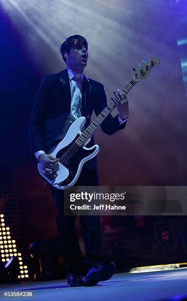 Panic at the Disco bassist Dallon Weekes performs in concert at the Uptown Amphitheatre on August 13, 2014 in Charlotte, North Carolina.