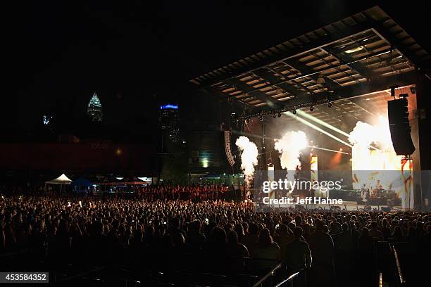 Panic at the Disco performs in concert at the Uptown Amphitheatre on August 13, 2014 in Charlotte, North Carolina.