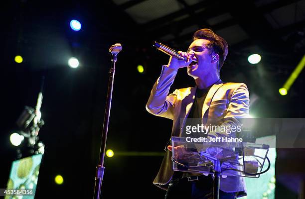 Panic at the Disco singer Brendon Urie performs in concert at the Uptown Amphitheatre on August 13, 2014 in Charlotte, North Carolina.