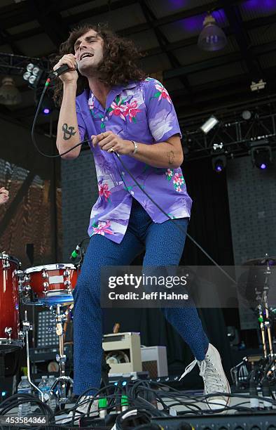 Youngblood Hawke singer Sam Martin performs in concert at the Uptown Amphitheatre on August 13, 2014 in Charlotte, North Carolina.