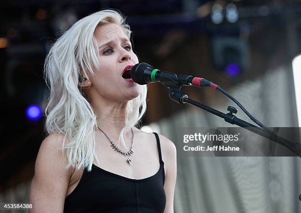 Youngblood Hawke singer/percussionist Alice Katz performs in concert at the Uptown Amphitheatre on August 13, 2014 in Charlotte, North Carolina.