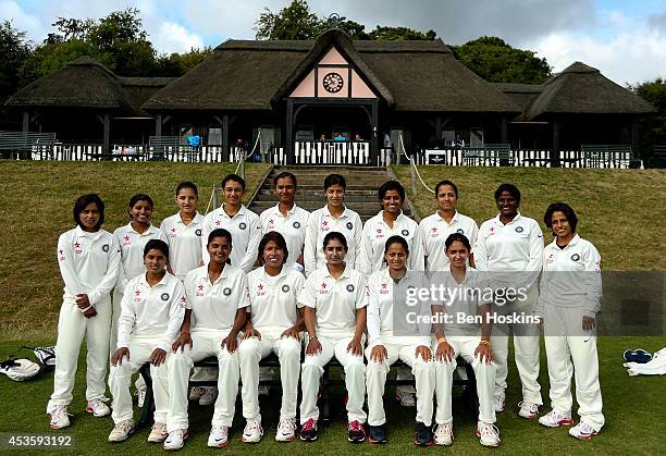 The Indian team pose for a photo prior to day two of Women's test match between England and India at Wormsley Cricket Ground on August 14, 2014 in...