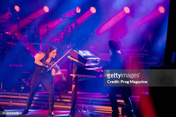 Violinist Asha Mevlana and keyboardist Vitalij Kuprij of American progressive rock group Trans-Siberian Orchestra performing live on stage at the...