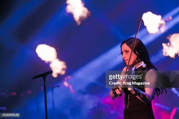 Violinist Asha Mevlana of American progressive rock group Trans-Siberian Orchestra performing live on stage at the Hammersmith Apollo in London, on...