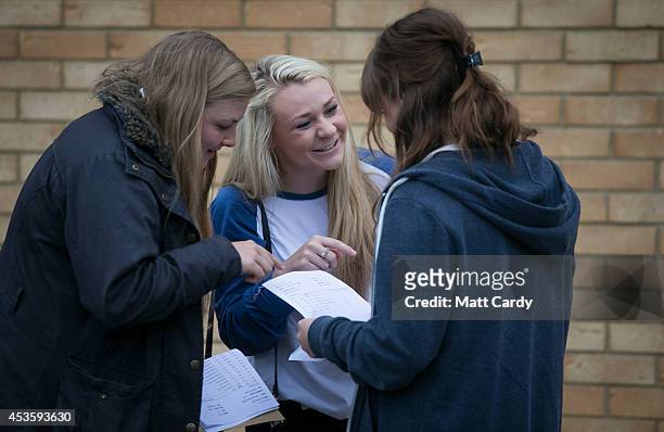 Students at the Winterbourne International Academy react as they open their A-level results on August 14, 2014 in South Gloucestershire, near...