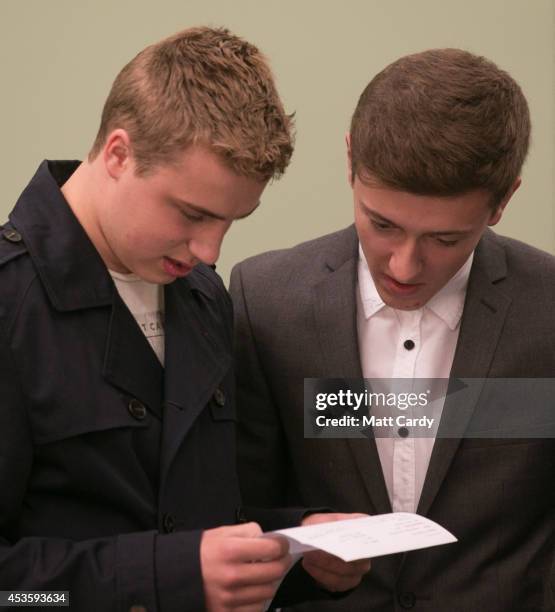 Students at the Yate International Academy react as they open their A-level results on August 14, 2014 in South Gloucestershire, near Bristol,...