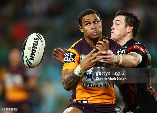 Josh Hoffman of the Broncos spills a high ball during the round 23 NRL match between the South Sydney Rabbitohs and the Brisbane Broncos at ANZ...