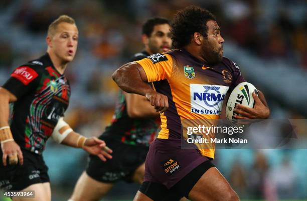 Sam Thaiday of the Broncos makes a line break during the round 23 NRL match between the South Sydney Rabbitohs and the Brisbane Broncos at ANZ...