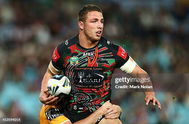 Sam Burgess of the Rabbitohs in action during the round 23 NRL match between the South Sydney Rabbitohs and the Brisbane Broncos at ANZ Stadium on...