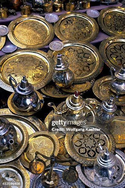 Morocco, Marrakech, Souk Scene, Brass Plates And Tea Kettles For Sale.