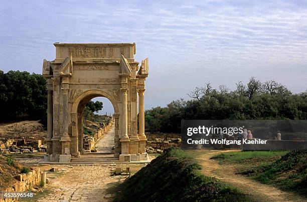 Libya, Near Tripoli, Leptis Magna, Arch Of Septimius Severus, Tourists.