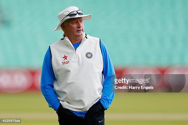 India head coach Duncan Fletcher looks on before rain halts practice during an India Nets Session at The Kia Oval on August 14, 2014 in London,...