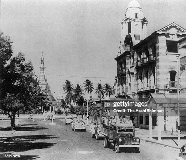 Imperial Japanese Army soldiers enter city of Rangoon after the Battle of Rangoon at the early stage of the Pacific War as a part of World War II on...