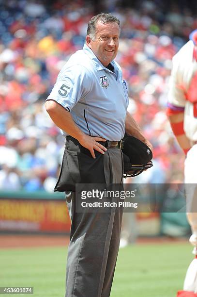 Umpire Dale Scott is seen during the game between the Philadelphia Phillies and Arizona Diamondbacks on July 27, 2014 at Citizens Bank Park in...
