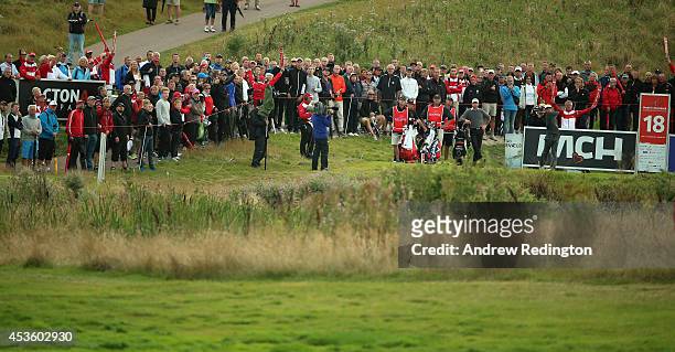 Thorbjorn Olesen of Denmark hits his tee-shot on the 18th hole during the first round of the Made In Denmark at Himmerland Golf & Spa Resort on...