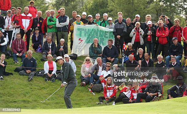 Thorbjorn Olesen of Denmark hits his third shot on the 18th hole during the first round of the Made In Denmark at Himmerland Golf & Spa Resort on...