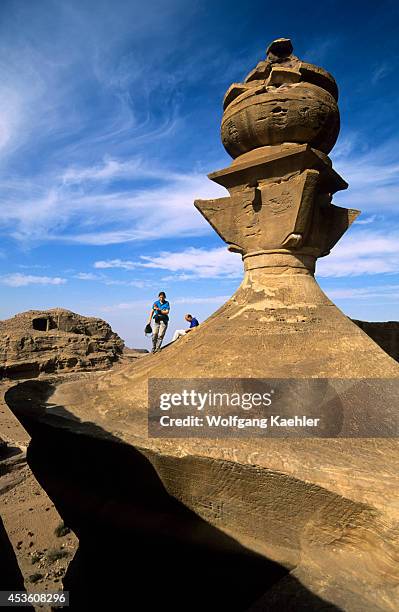 Jordan, Petra, Al Deir Monastery, Built 1st Century A.d., Detail Of The Urn, Tourists.