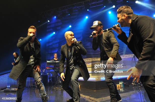 Richie Neville, Sean Conlon, Abz Love and Scott Robinson of 5ive perform on stage at Eventim Apollo, Hammersmith on December 4, 2013 in London,...