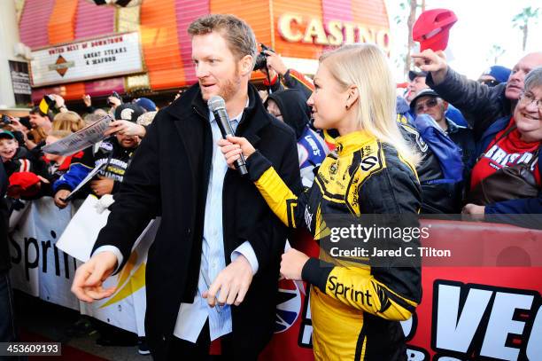 Miss Sprint Cup Brooke Werner interviews Sprint Cup Series driver Dale Earnhardt Jr. At a fanfest hosted by Las Vegas Motor Speedway on the Third...