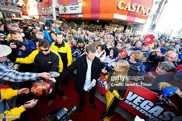 Miss Sprint Cup Brooke Werner interviews Sprint Cup Series driver Dale Earnhardt Jr. At a fanfest hosted by Las Vegas Motor Speedway on the Third...