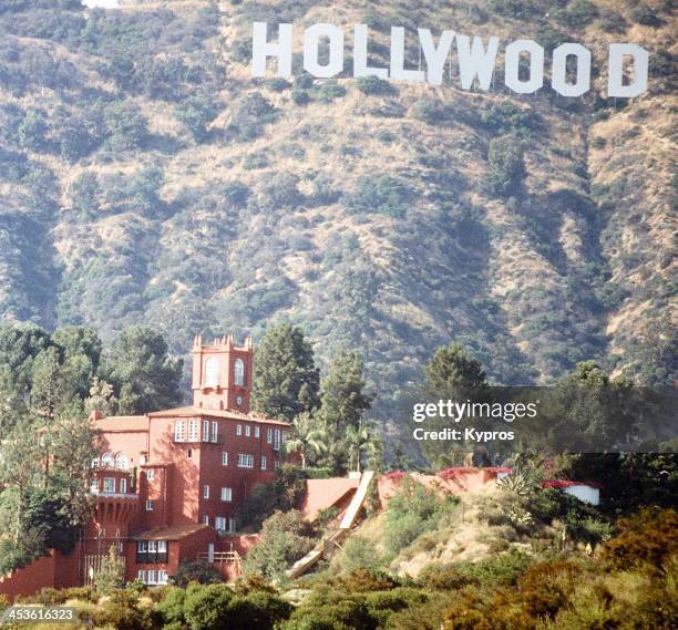 Castillo del Lago, the home of pop star Madonna in the Hollywood Hills, California, circa 1990.