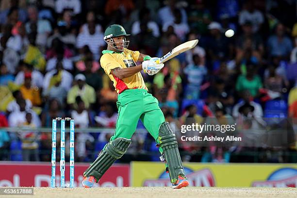 Lendl Simmons attacks the bowling during a Semifinal match between Jamaica Tallawahs and Guyana Amazon Warriors as part of the Limacol Caribbean...