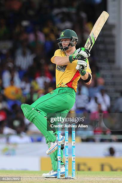 Martin Guptill pulls en route to 66 not out during a Semifinal match between Jamaica Tallawahs and Guyana Amazon Warriors as part of the Limacol...