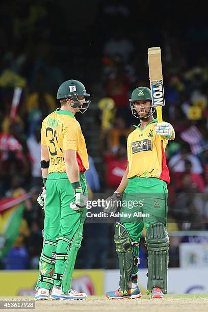 Lendl Simmons reaches 50 during a Semifinal match between Jamaica Tallawahs and Guyana Amazon Warriors as part of the Limacol Caribbean Premier...