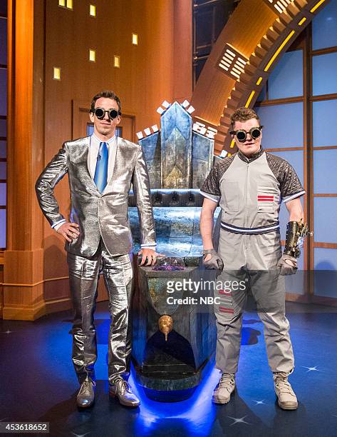 Episode 088 -- Pictured: Host Seth Meyers and Ben Warheit during the "What Hapens After Seth Goes Home" skit on August 14, 2014 --