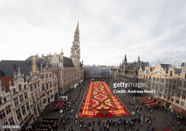 Giant flower carpet is pictured within the celebrations of the 50th anniversary of Turkish workers' migration to Belgium at the Grand Place next to...