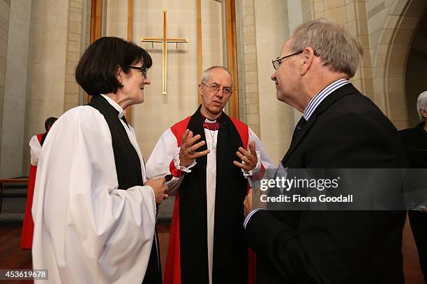 Archbishop of Canterbury, Justin Welby speaks with Auckland Mayor Len Brown and Dean of Auckland Jo Kelly-Moore after he unveiled a foundation stone...