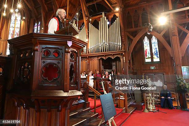 Archbishop of Canterbury, Justin Welby unveils a foundation stone during a service at St Mary's Church after a tour of the Holy Trinity Cathedral on...