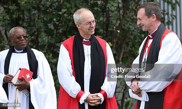 Archbishop of Canterbury, Justin Welby speaks with the Bishop of Auckland Ross Bay after he unveiled a foundation stone during a service at Holy...