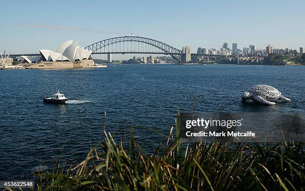 To celebrate the World's First Undersea Art Exhibition, a 5 metre tall, 15 metre long Sea Turtle cruises past Sydney Harbour at Mrs Macquarie's Chair...