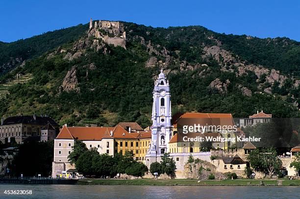 Austria, Danube River, Wachau Valley, Durnstein, View Of Village And Castle Kuenringerburg.