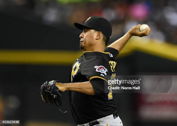 Ernesto Frieri of the Pittsburgh Pirates delivers a pitch against the Arizona Diamondbacks at Chase Field on August 1, 2014 in Phoenix, Arizona.