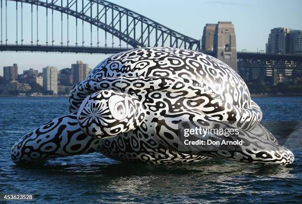 To celebrate the World's First Undersea Art Exhibition, a 5 metre tall, 15 metre long Sea Turtle cruises past Sydney Harbour at Mrs Macquarie's Chair...