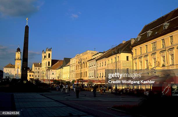 Slovakia, Banska Bystrica, Town Square With City Hall And Church, Sidewalk Cafes.