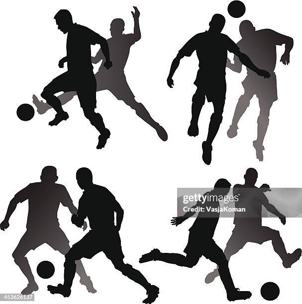 bildbanksillustrationer, clip art samt tecknat material och ikoner med soccer attackers v defendersplayers silhouettes - midfielder soccer player