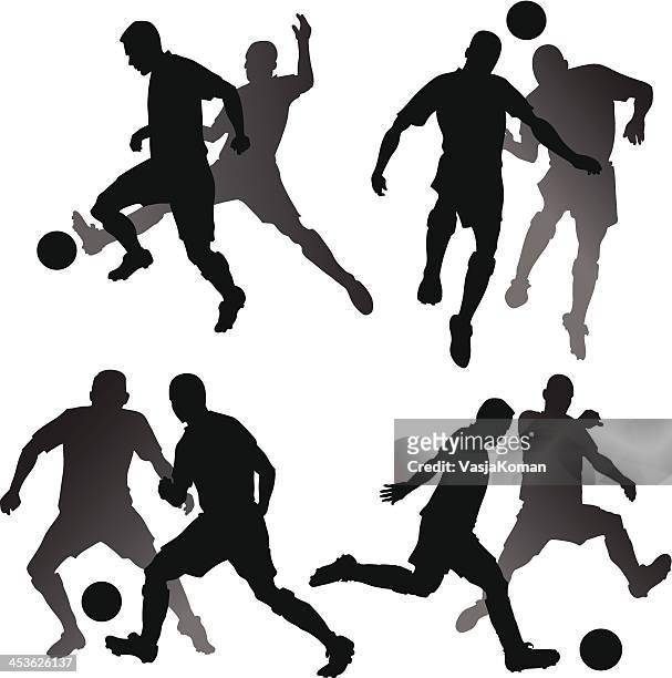 soccer attackers v defendersplayers silhouettes - midfielder soccer player stock illustrations
