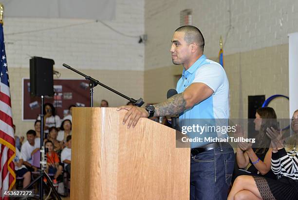 Superstar wrestler Sin Cara addresses the audience at the "Be A STAR" Anti-bullying Rally For 200 Students At Boys & Girls Club Of East Los Angeles...