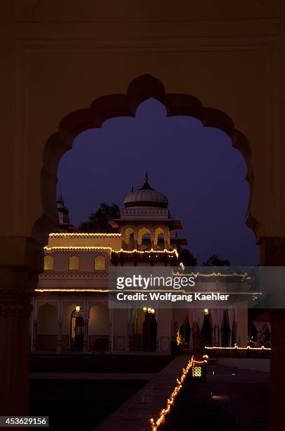 India, Jaipur, Hotel Rambagh Palace, A Former Palace Of The Maharajas Of Jaipur, At Night.